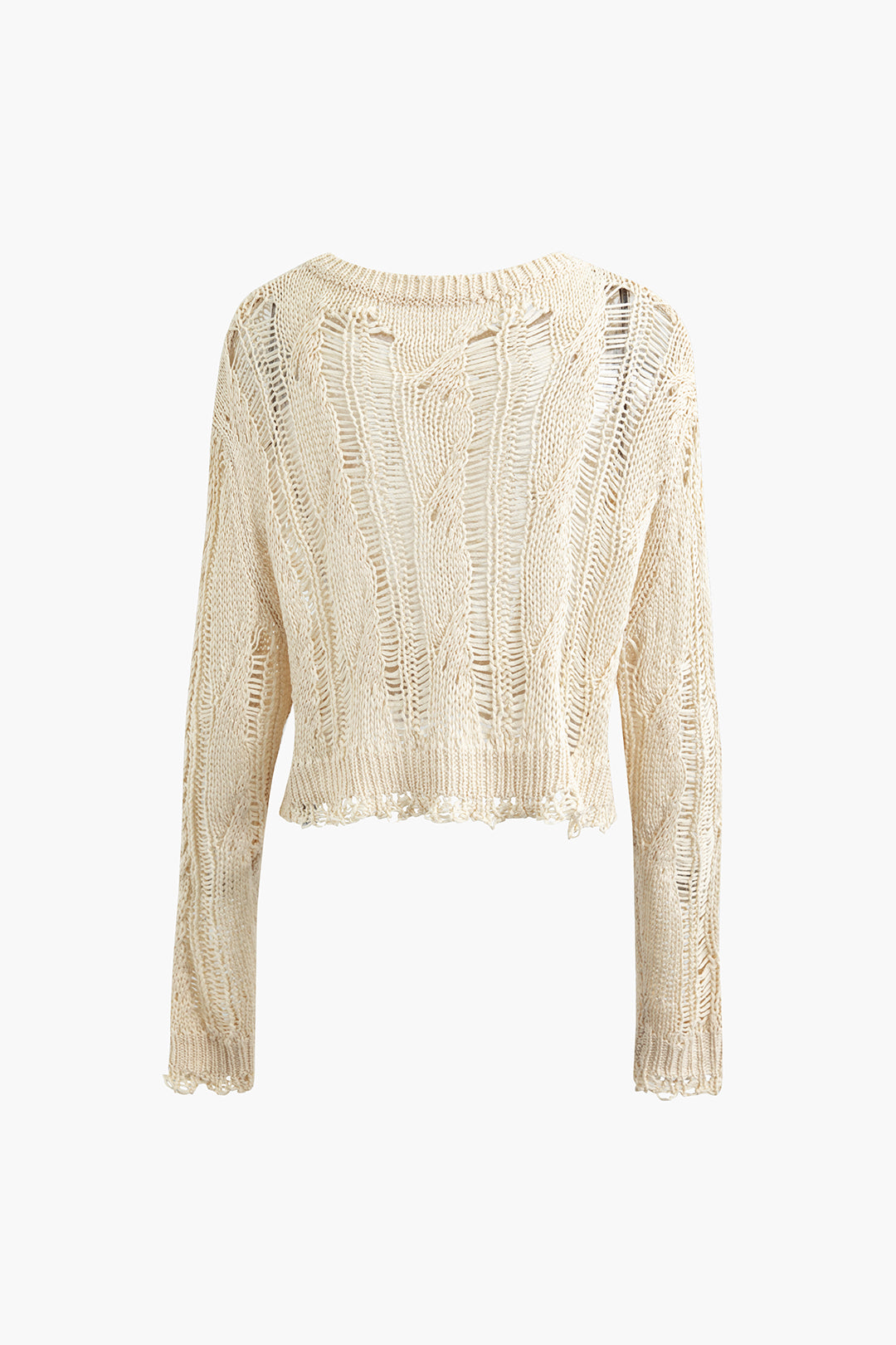 Distressed Laddered Knit Long Sleeve Crop Cover-Up Top