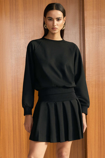 Solid Long-Sleeve Top And Pleated Skirt Set