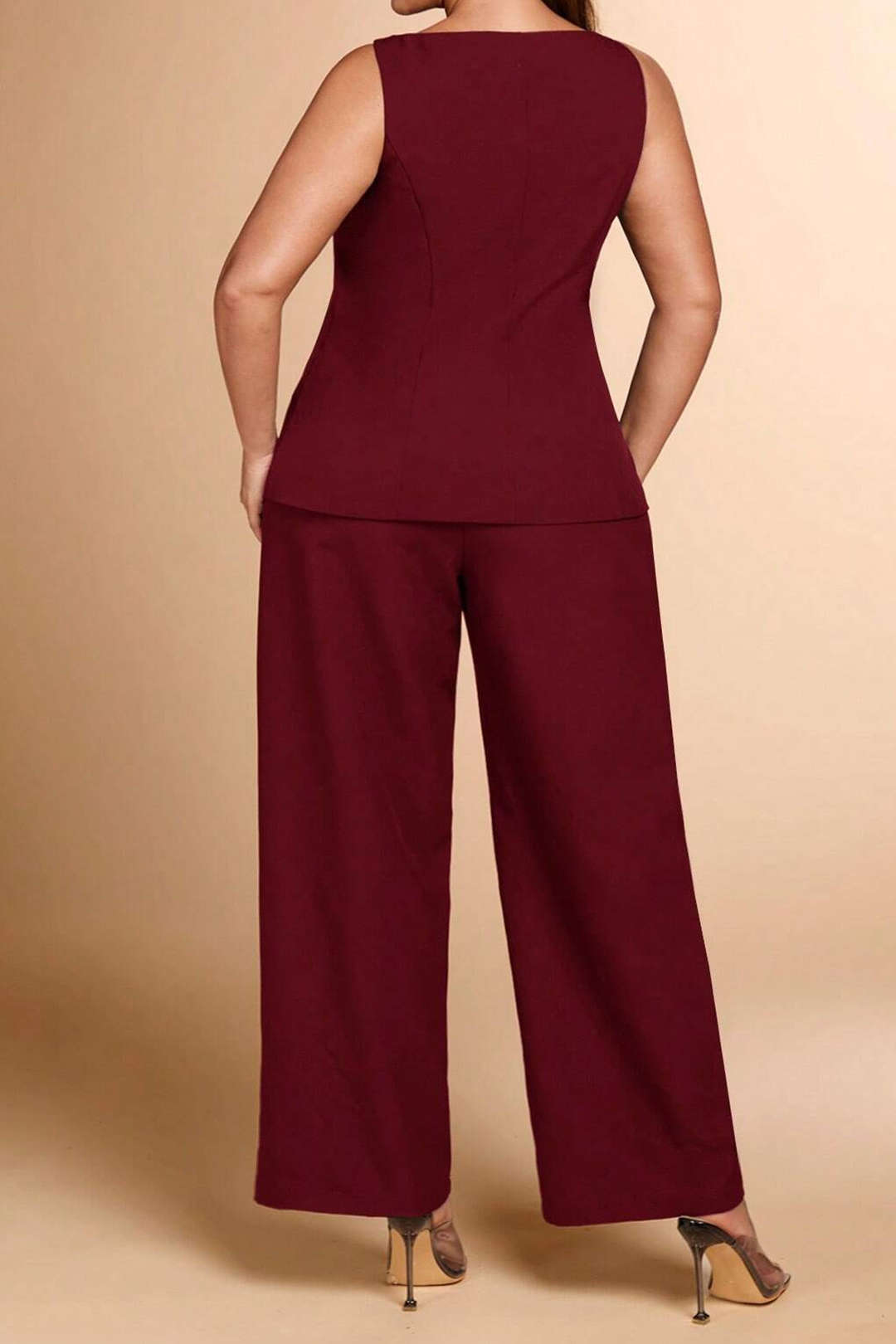 Plus Size Button Sleeveless Top And High Waist Trousers Set