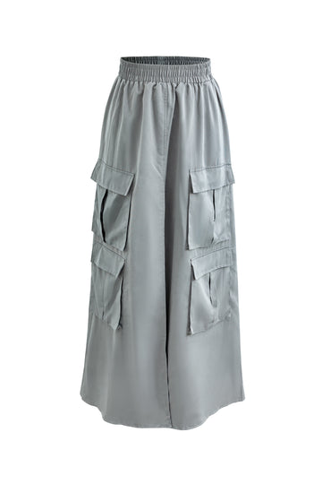 Flap Pocket Split Pleated Cargo Maxi Skirt