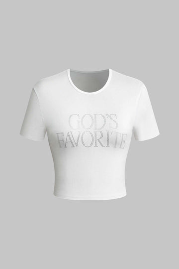 GOD'S FAVORITE Rhinestone Decor Crop T-shirt