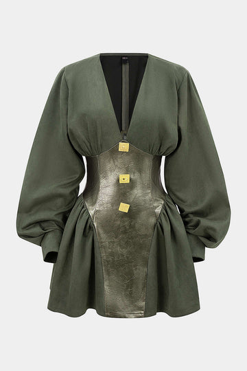 Faux Leather Patchwork Metallic Button Ruched Long Sleeve Mini Dress  Micas