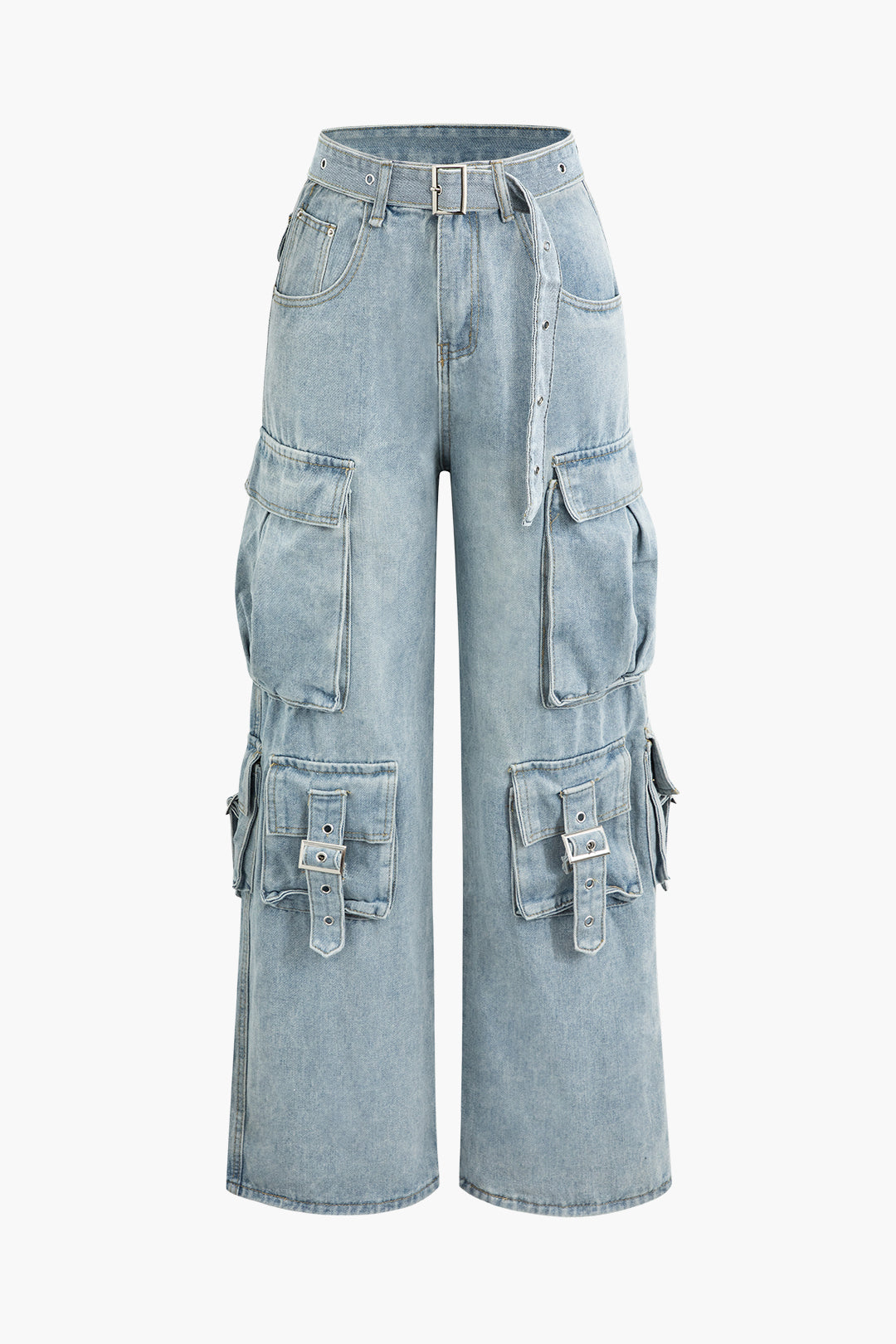 High Waist Flap Pocket Wide Leg Cargo Jeans