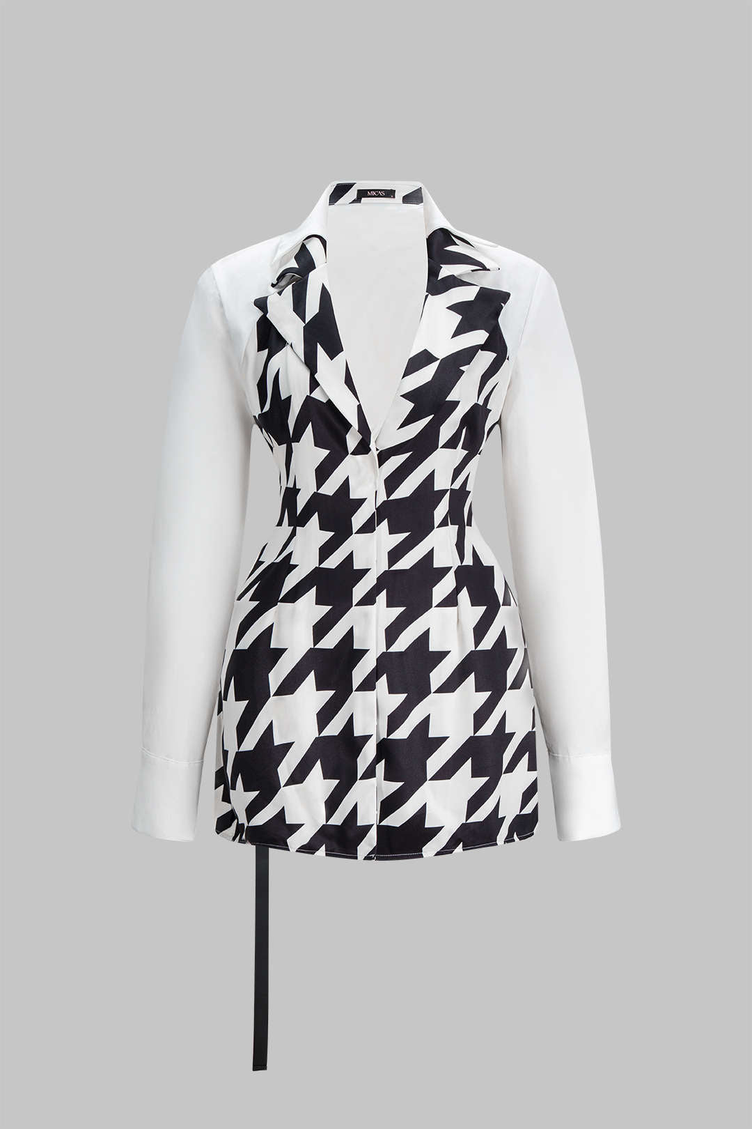 Houndstooth Print Contrast V-Neck Long Sleeve Mini Dress