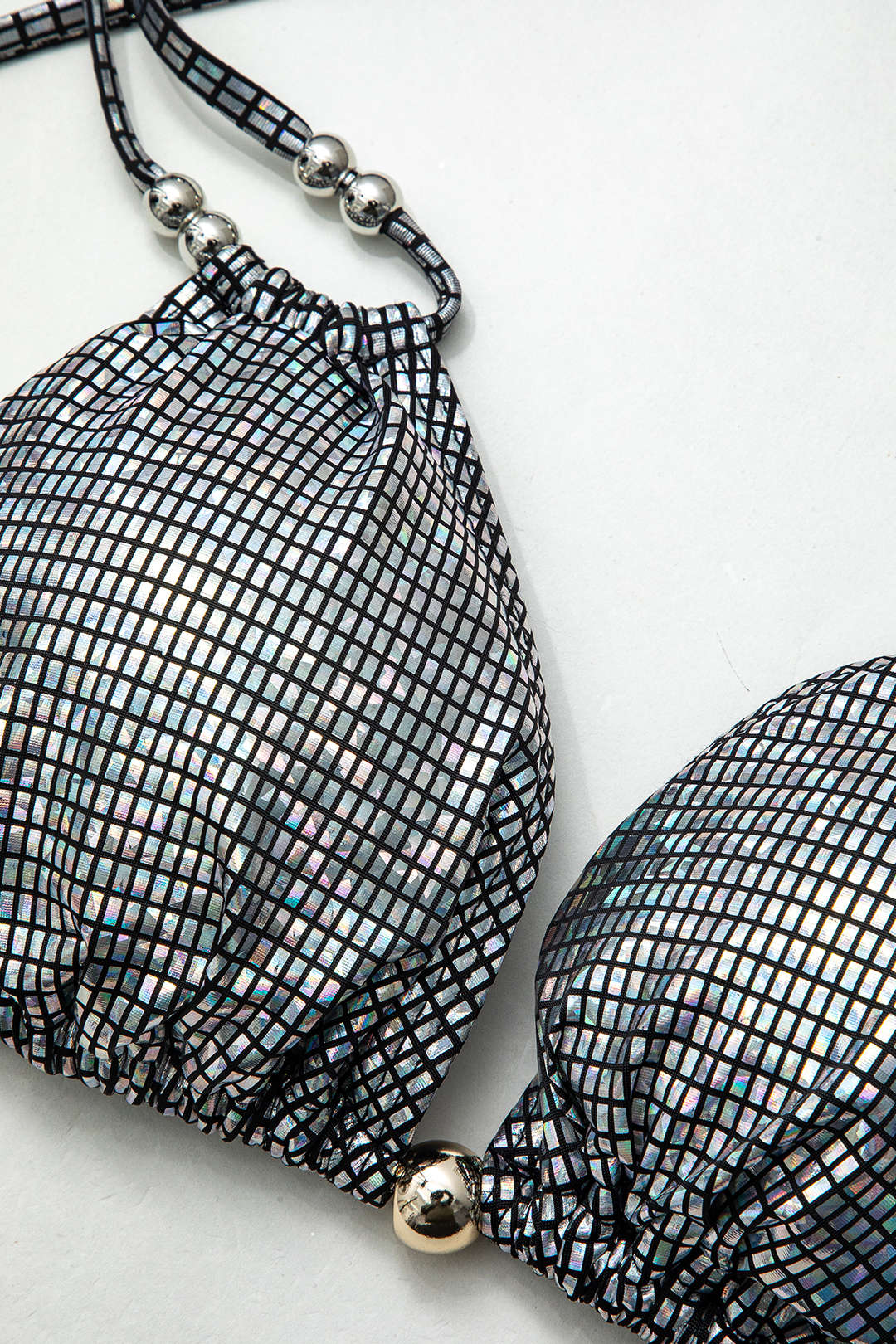Metallic Grid Back Tie Halter Bikini Set