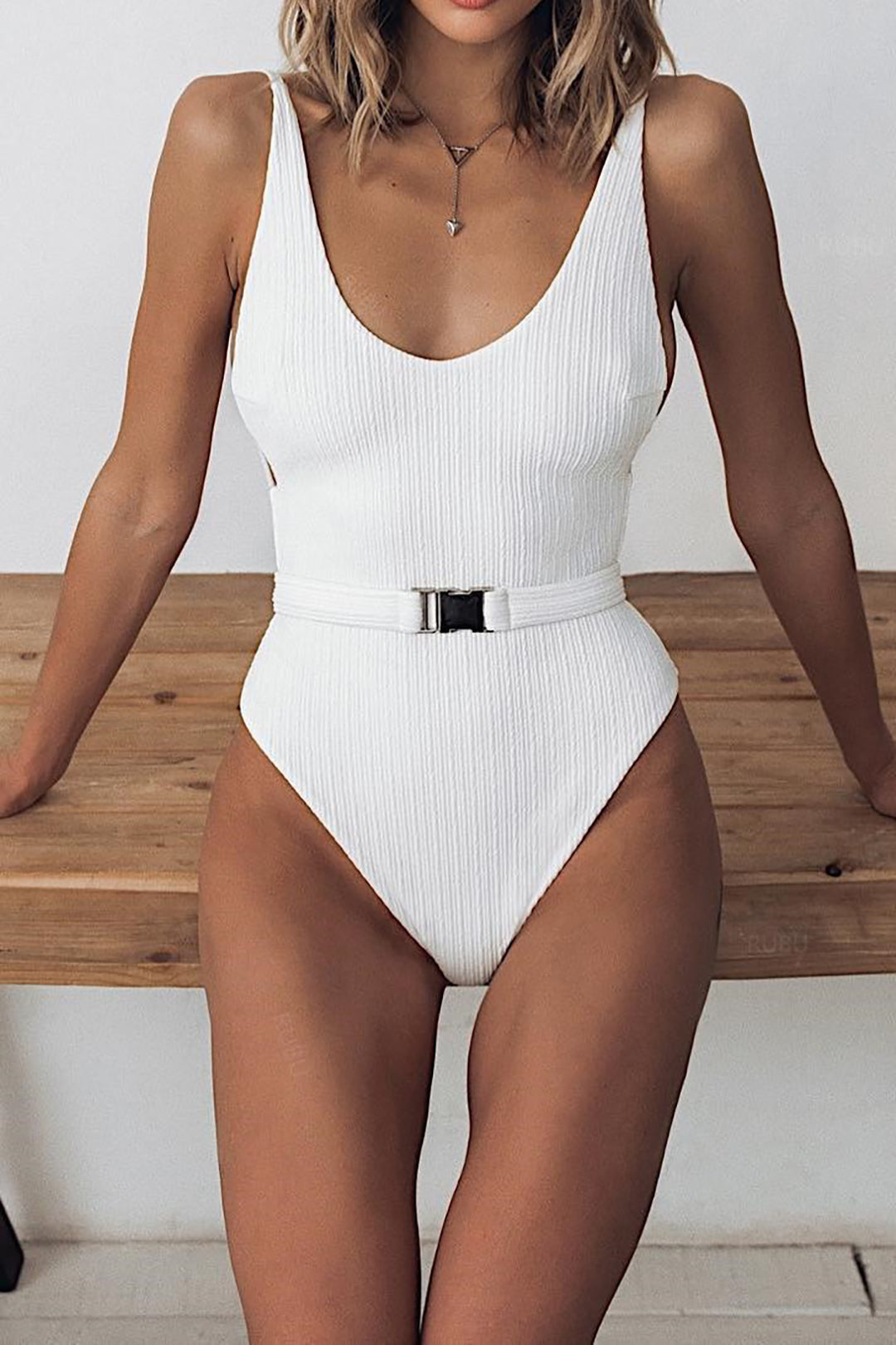 Tummy Control Solid Buckle One-Piece Swimsuit