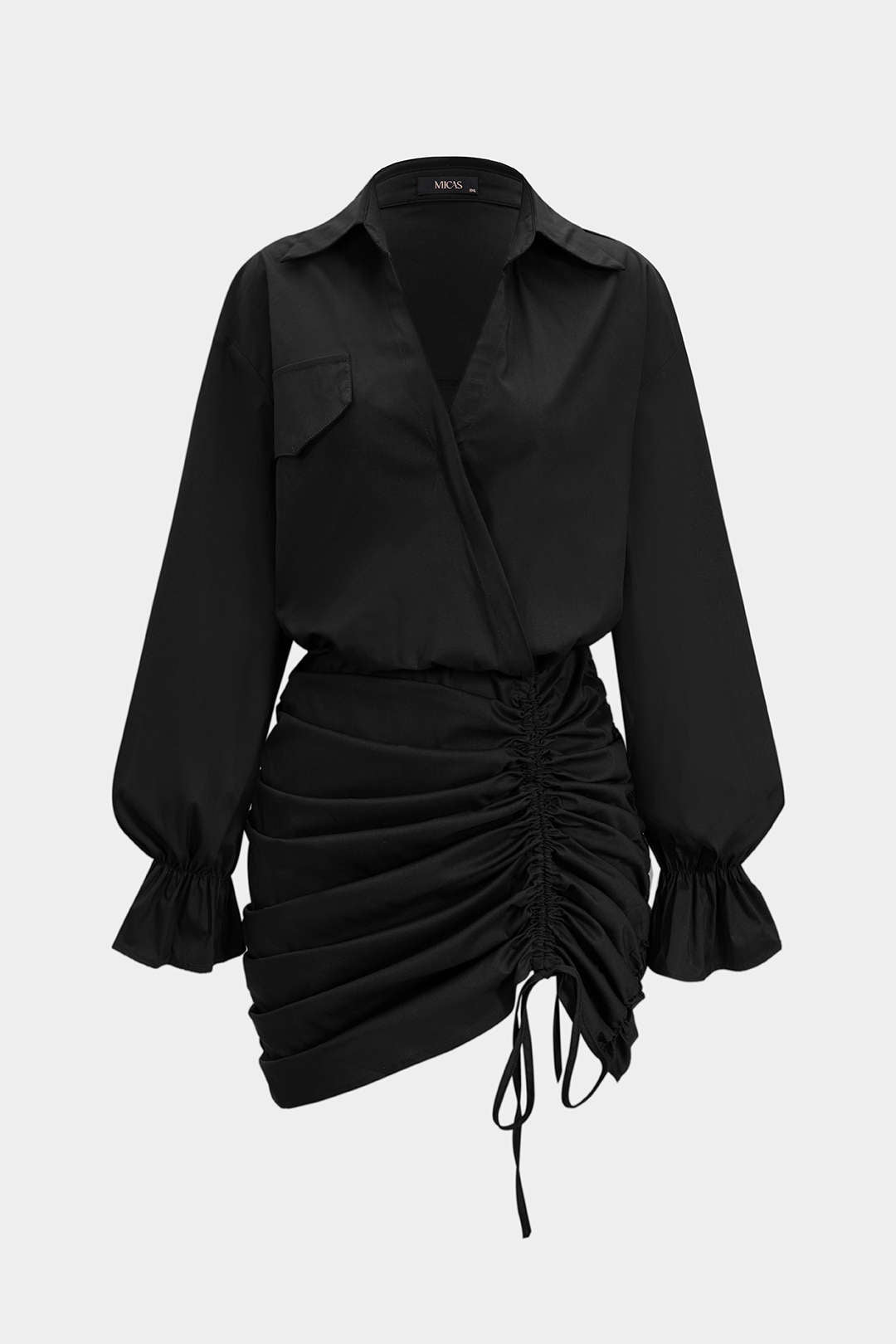 Ruched V-Neck Drawstring Ruffle Long Sleeve Mini Dress