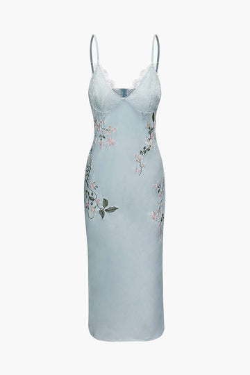 Flower Embroidery Satin Lace Trim Slip Midi Dress