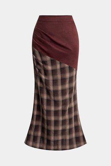 Suede Patchwork Plaid Print High Waist Skirt