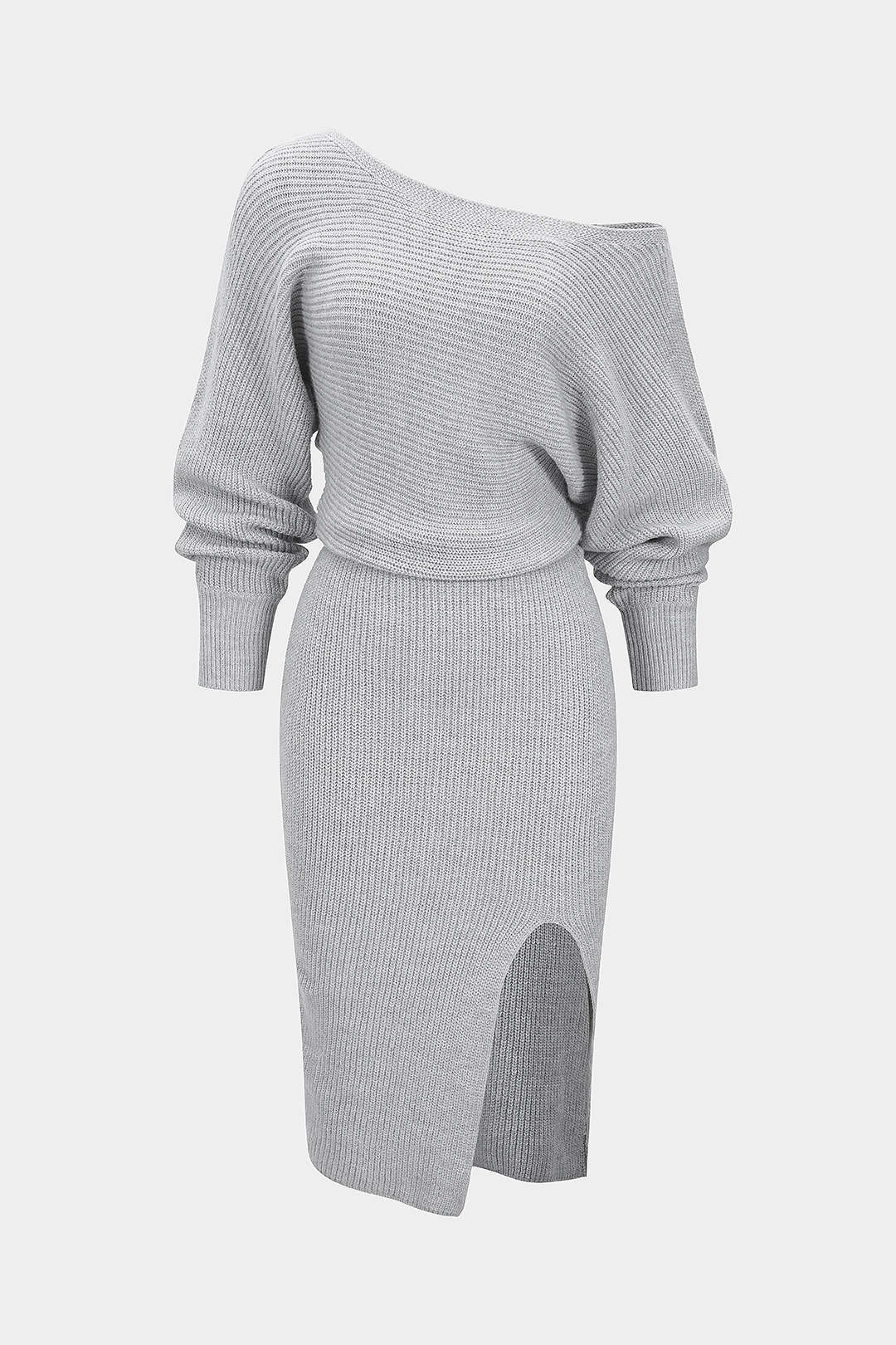 Knit Off-Shoulder Ribbed Side Slit Long Sleeve Dress