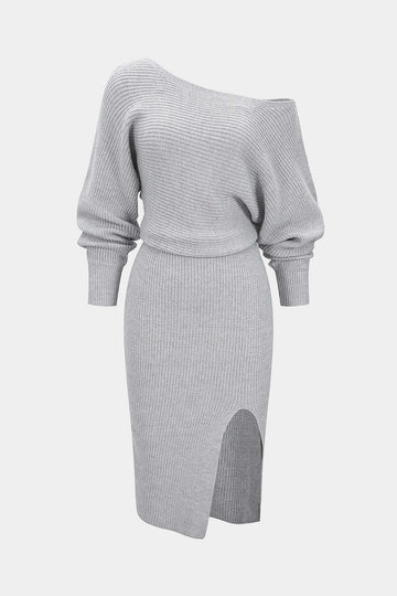 Knit Off-Shoulder Ribbed Side Slit Long Sleeve Dress