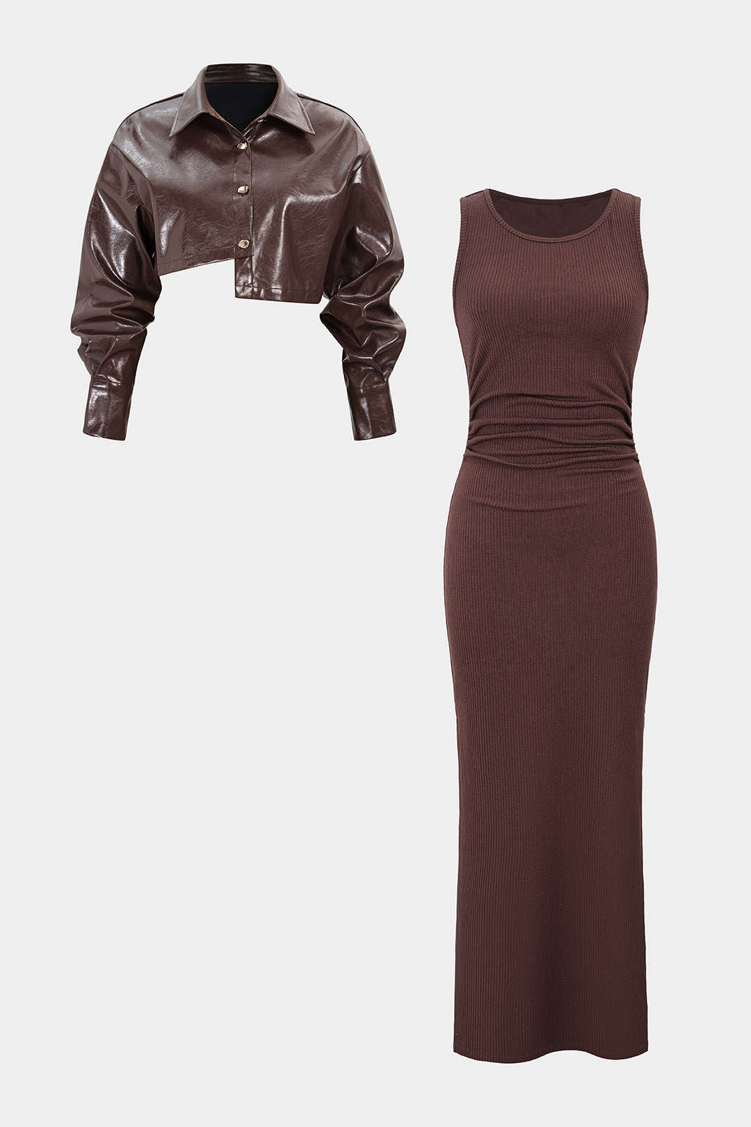Faux Leather Button Asymmetrical Cropped Jacket And Sleeveless Ruched Dress Set