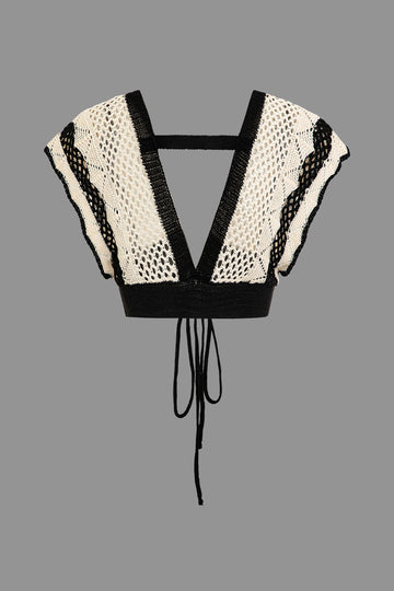 Contrast Crochet V-Neck Knit Shorts Set