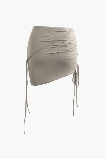 One Shoulder Side Drawstring Top And Ruched Mini Skirt Set