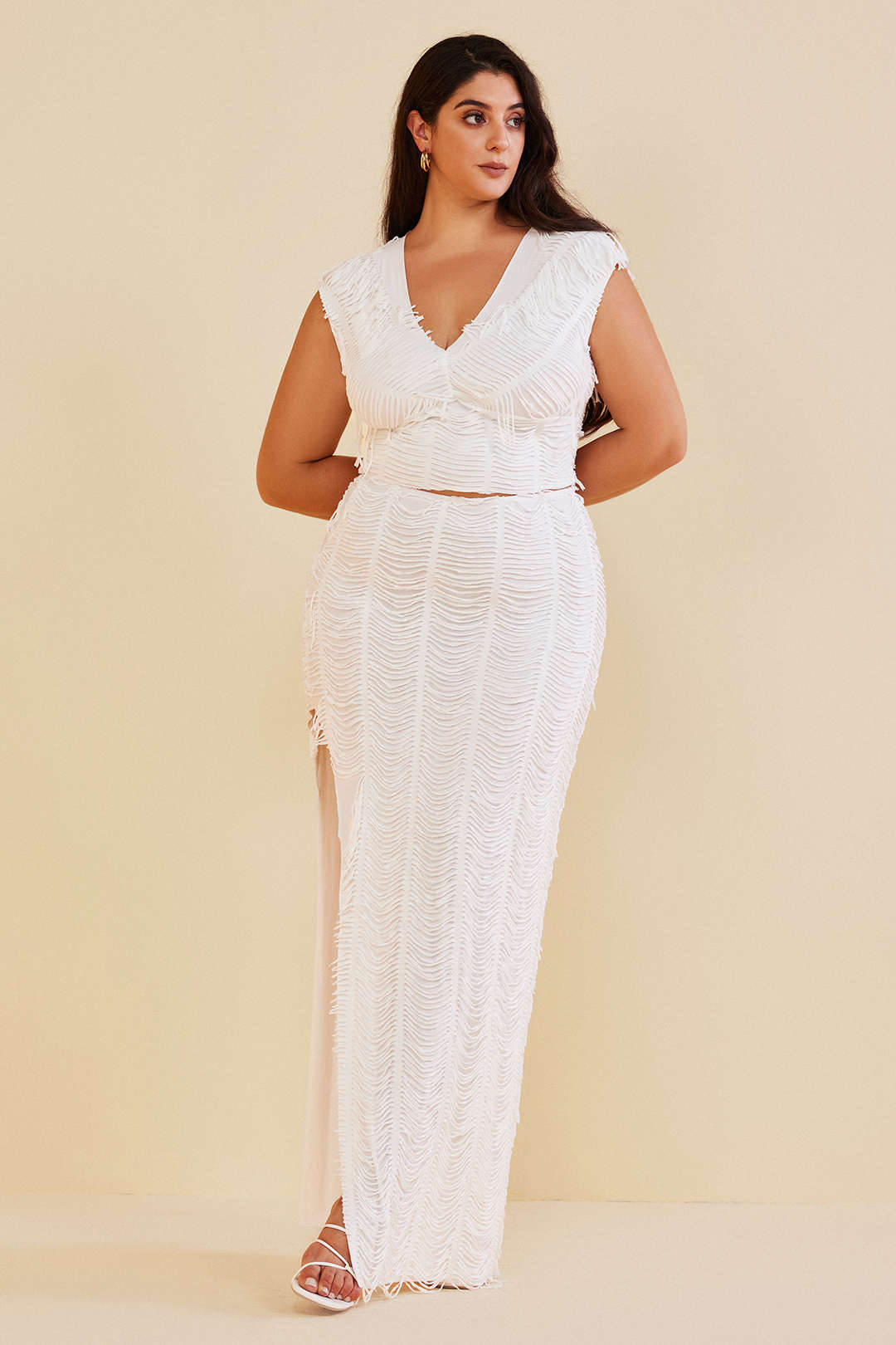Plus Size Distressed V-neck Cap Sleeve Crop Top And Slit Maxi Skirt Set