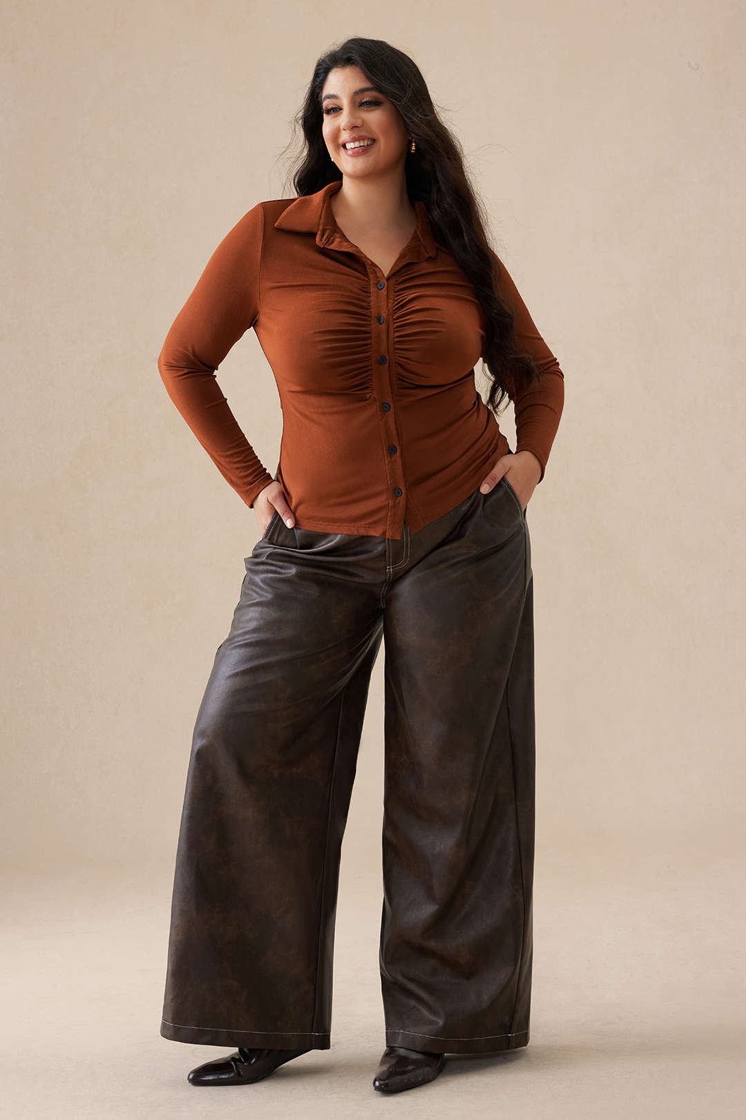 Plus Size Faux Leather High Waist Wide Leg Trousers