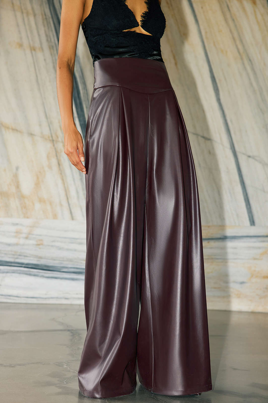 Faux Leather Ruched Wide Leg Pants