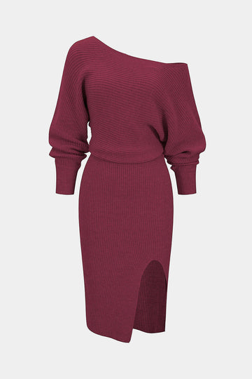 Knit Off-Shoulder Ribbed Side Slit Long Sleeve Dress