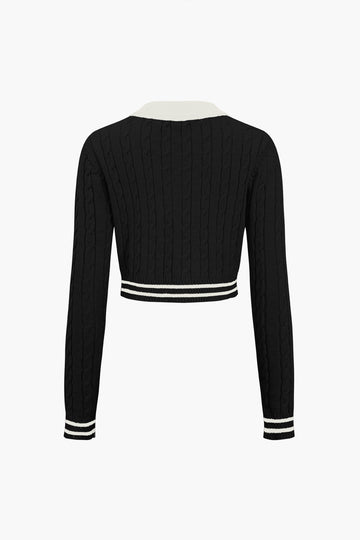 Knit Color Block Button Fake Pockets Long-Sleeve Top