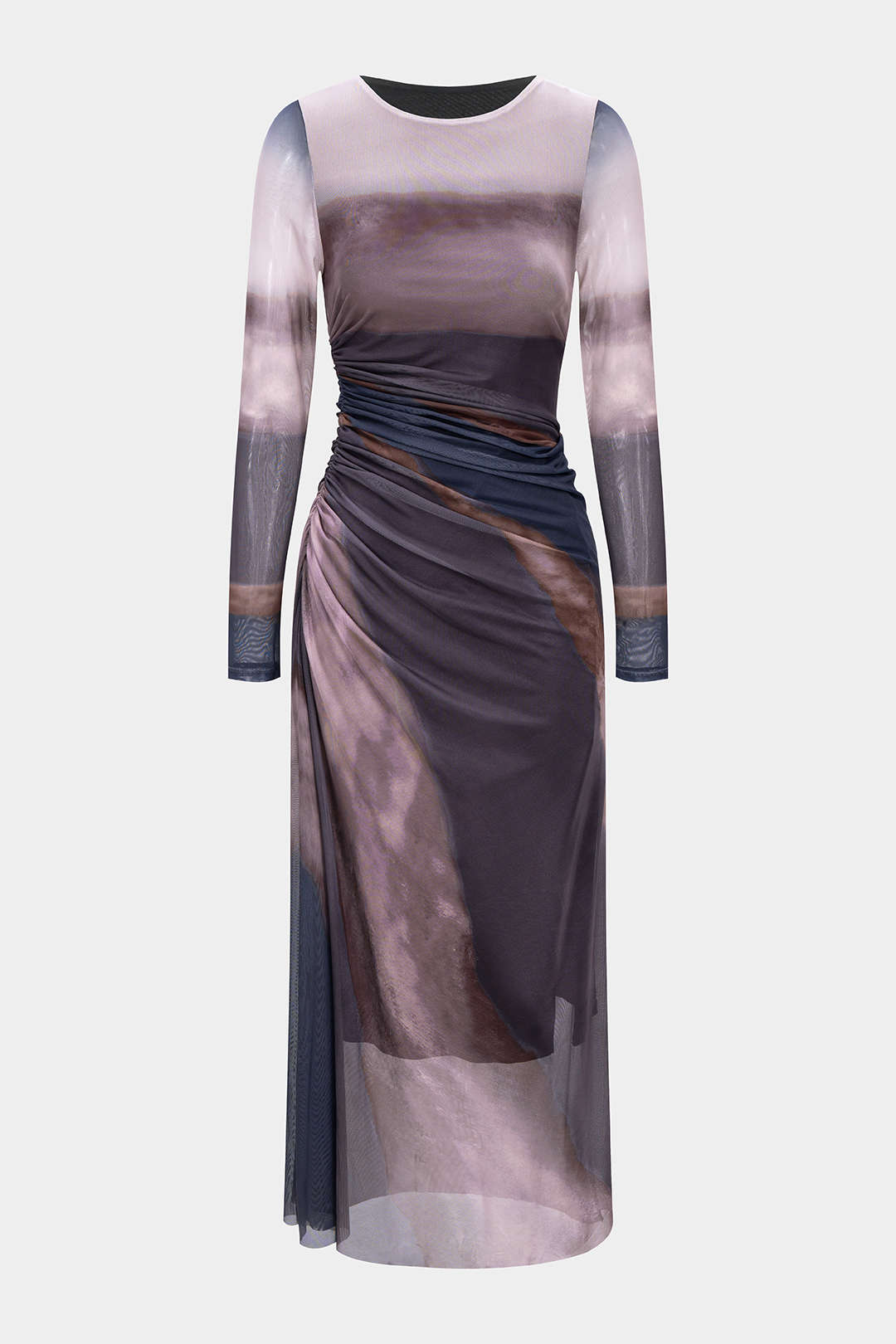 Tie-Dye Print Mesh Ruched Long Sleeve Maxi Dress