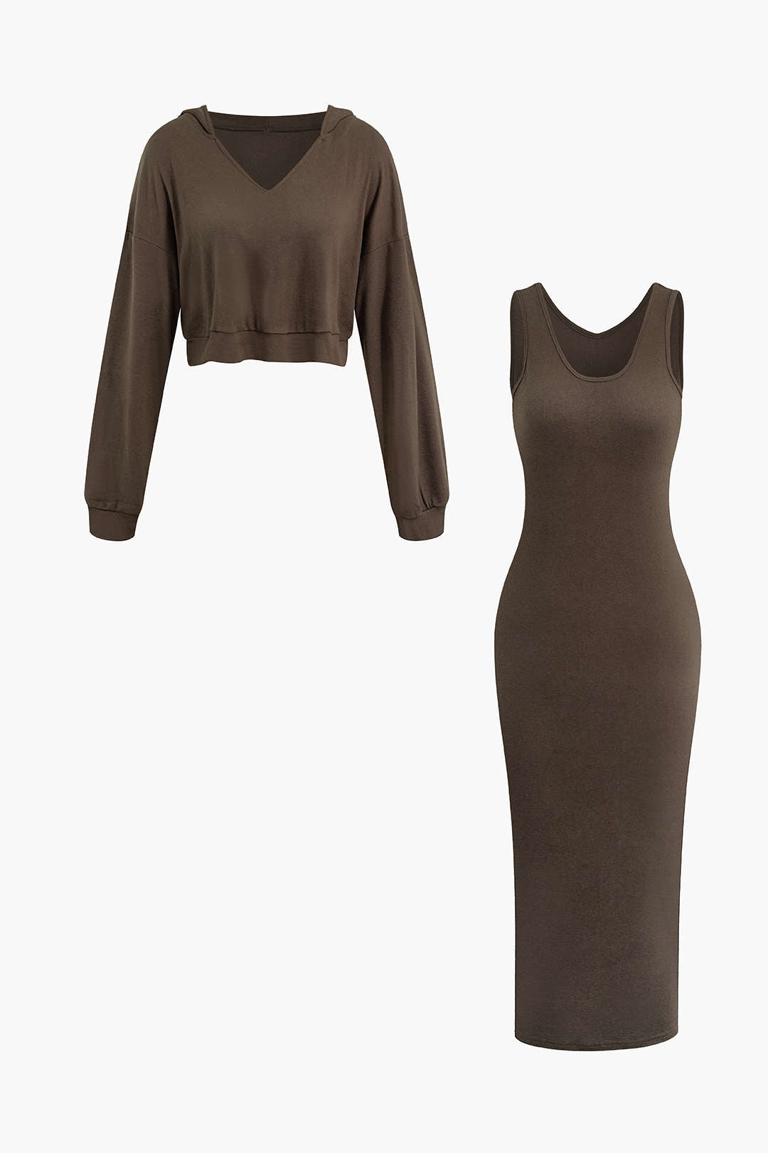 Basic ärmelloses maximales Kleid mit V-Ausschnitt und Sweatshirt-Set mit Kapuze