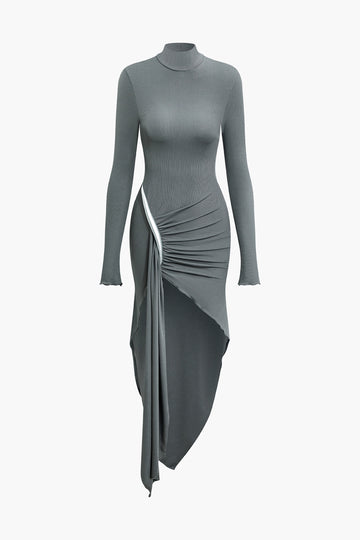Asymmetrical Hem Ruched Turtleneck Long Sleeve Dress