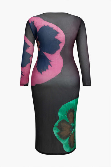 Plus maat bloemenprint mesh maxi jurk