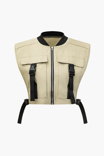 Plus Size Solid Pocket Zipper Vest