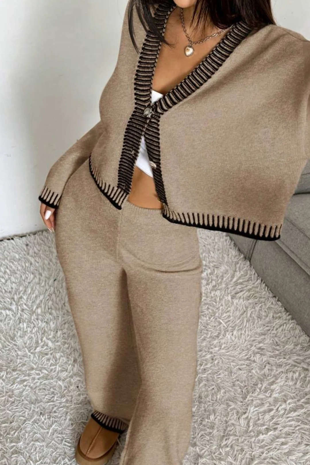 Knit Contrast Binding Button Cardigan And Straight Leg Pants Set
