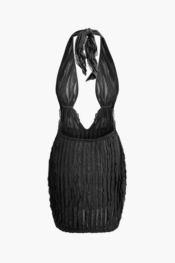 Ruffled Halter Backless Deep V-neck Mini Dress