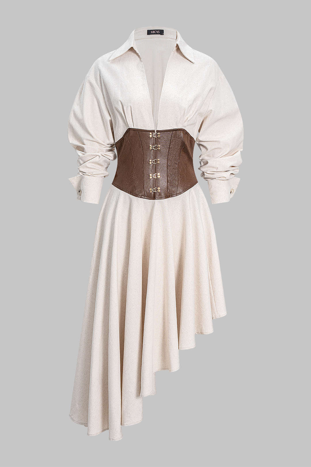 Faux Leather Patchwork Asymmetrical Hem Long Sleeve Maxi Dress