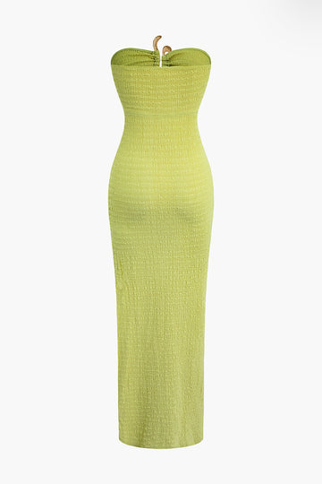 Textured Ruched Cut Out Strapless Slit Maxi Dress