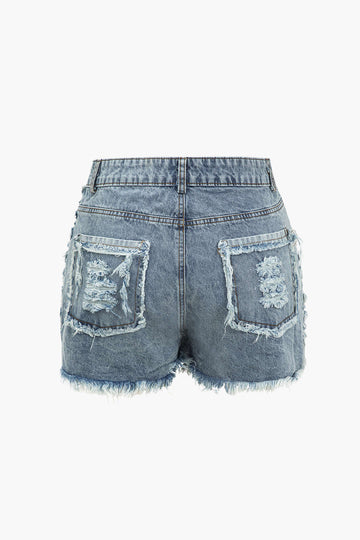 Solid Denim Frayed High Waist Shorts