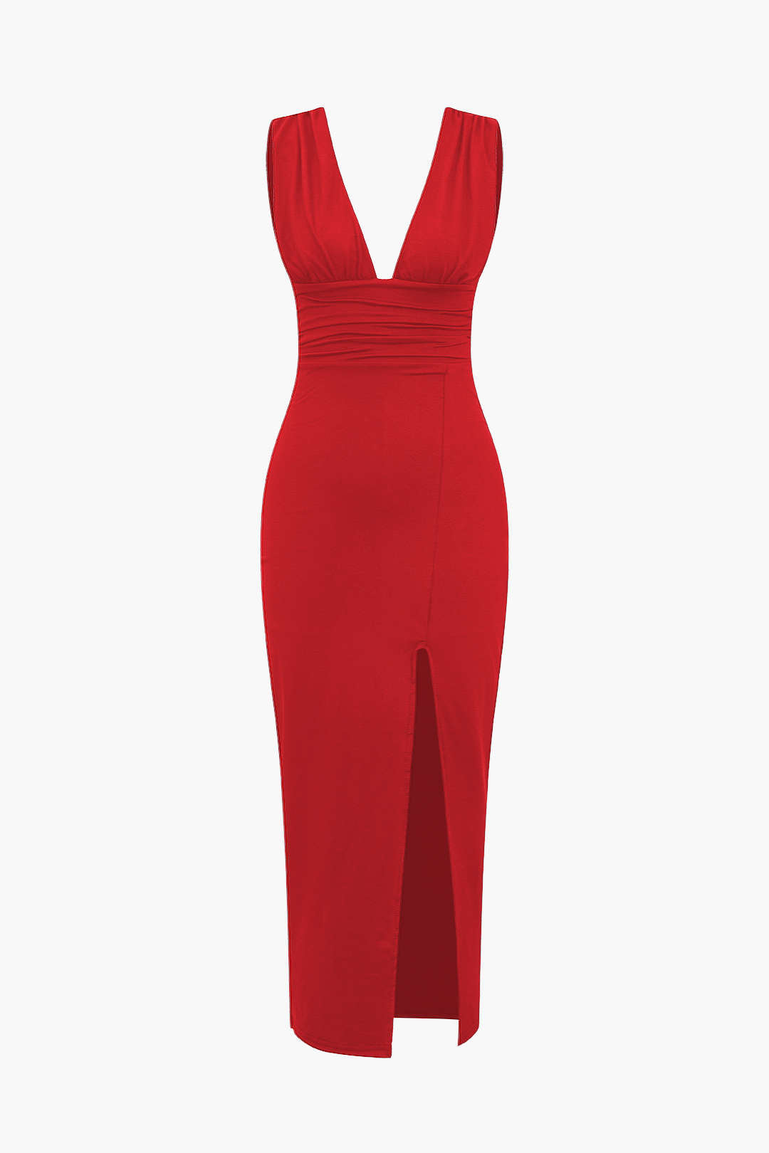 Solid Backless Ruched Slit Midi Dress