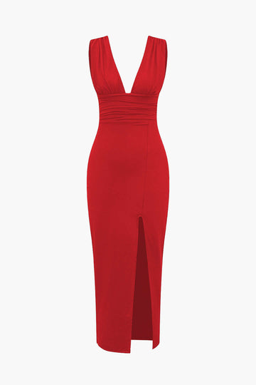 Solidu Backless Ruched Slit Midi Dress