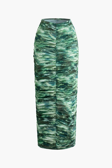 Tie Dye Mock Neck Ruched Tie Sleeveless Top And Maxi Skirt Set
