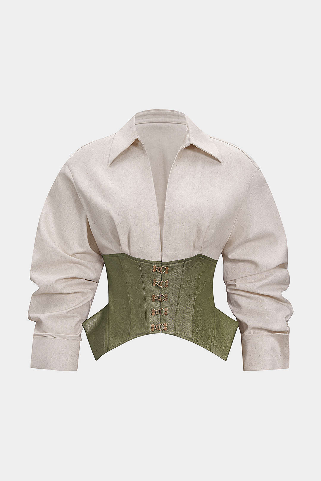 Faux Leather Linen Metallic Patchwork Long-Sleeve Shirt