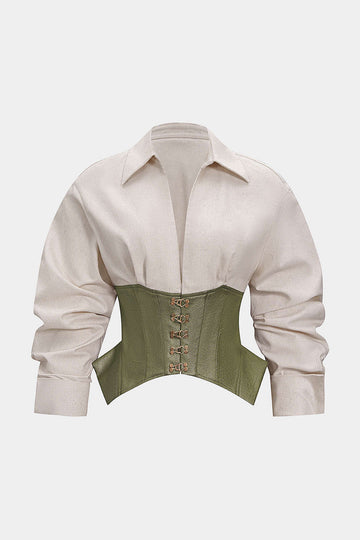 Faux Leather Linen Metallic Patchwork Long-Sleeve Shirt