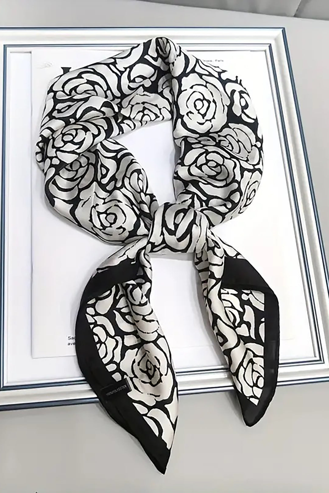 Black and White Rose Pattern Silk Scarf