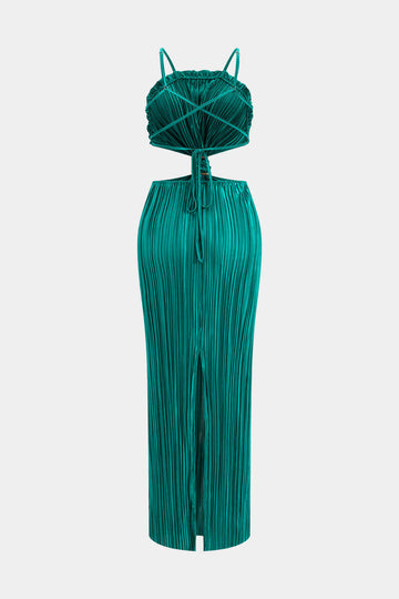 Solid Pleated Slit Maxi Dress