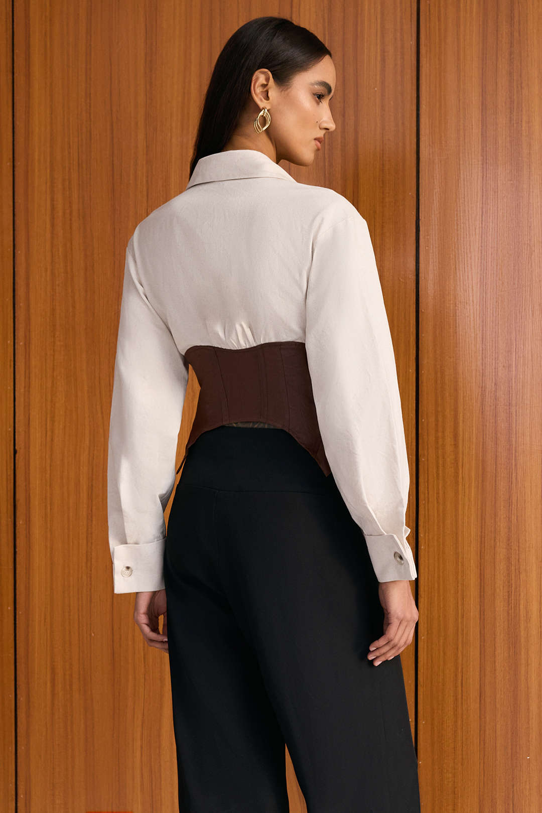 Faux Leather Linen Metallic Patchwork Long-Sleeve Shirt