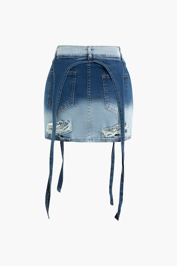 Distressed Ombre Denim Skirt with Ribbons