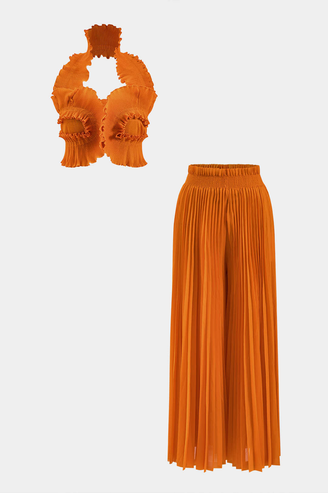 Halter Neck Ruffle Tube Top And High Waist Pleated Wide Leg Trousers Set