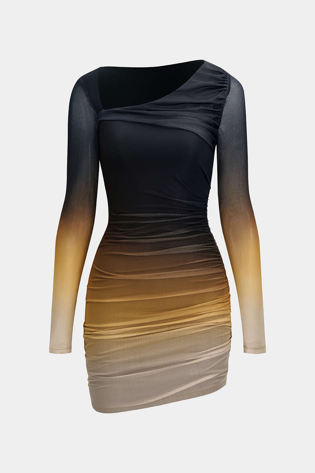 Mesh Colorblock Print Asymmetrical Ruched Long-Sleeve Mini Dress