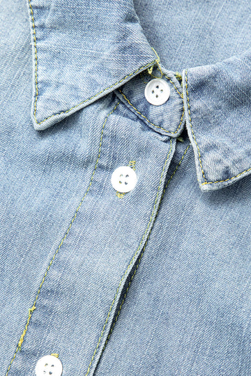 Faded Denim Button Up Raw Hem Crop Shirt