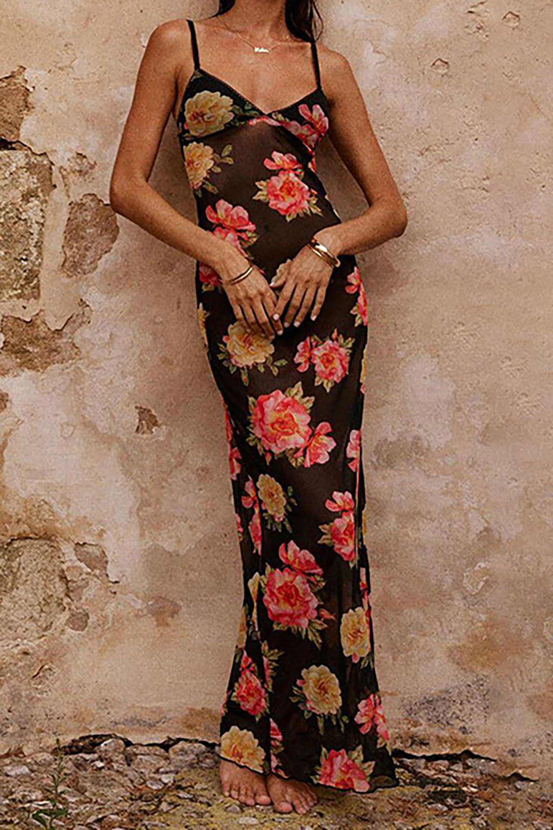 Floral Print Sheer Mesh Cami Maxi Dress