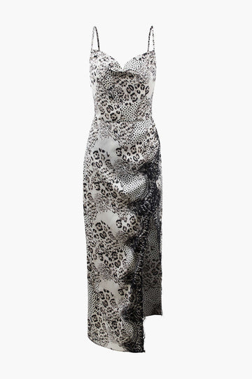 Leopard Print Lace Trim Slit Midi Dress