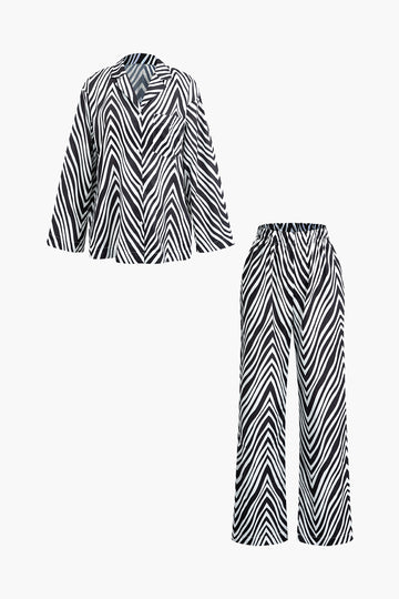 Zebra-stripe Print Notched Lapel Pocket Shirt And High Waist Pants Set