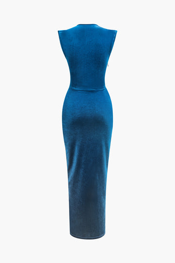 V-neck Velvet Ruched Cap Sleeve Slit Maxi Dress