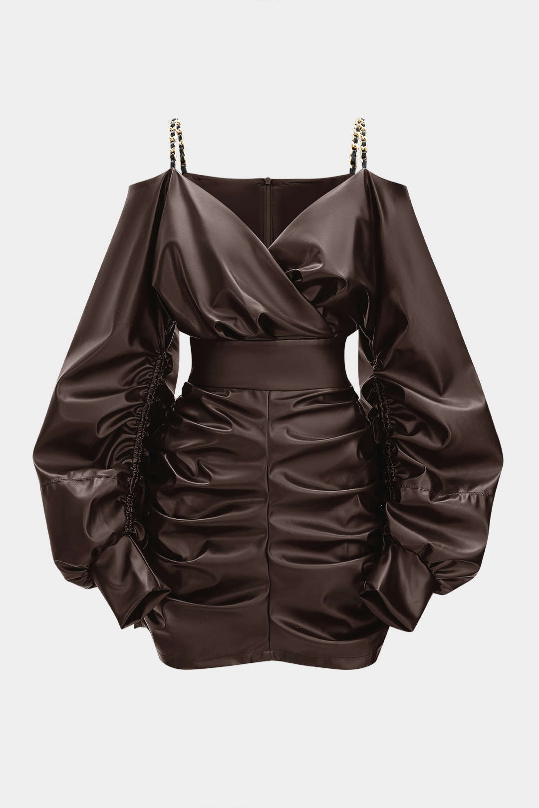 Faux Leather Metallic Chain Crossed Ruched Long Sleeve Mini Dress